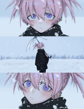 1girl black_hoodie black_jacket blush closed_mouth downturned_eyes ear_piercing hair_between_eyes highres holding holding_umbrella hood hoodie jacket looking_at_viewer looking_up multiple_views original piercing pink_hair portrait purple_eyes snow snowing spiked_hair toxic_ghost transparent transparent_umbrella twintails umbrella