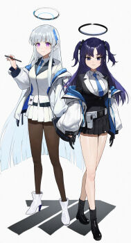 2girls absurdres aqua_necktie black_gloves black_jacket black_skirt black_suit blue_archive blue_eyes blue_hair blue_necktie breasts collared_shirt commentary_request formal_clothes full_body gloves hair_between_eyes hair_ornament half_gloves halo headgear headphones highres holding holding_pen id_card jacket knees_together_feet_apart kosubi_(tsuneta328) large_breasts light_blush long_hair long_sleeves looking_at_viewer mechanical_halo millennium_science_school_logo miniskirt multiple_girls name_tag necktie noa_(blue_archive) open_clothes open_jacket open_mouth pantyhose pen pleated_skirt purple_eyes purple_hair school_uniform shirt sidelocks skirt skirt_suit smile suit triangle_hair_ornament two-sided_fabric two-sided_jacket two_side_up very_long_hair white_hair white_halo white_jacket white_shirt white_skirt white_suit yuuka_(blue_archive)