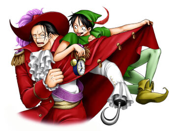 2boys alternate_costume amputee ascot black_hair captain_hook captain_hook_(cosplay) clock cosplay crocodile_(one_piece) disney epaulettes eye_contact green_shirt hat hat_feather hook_hand jacket looking_at_another male_focus monkey_d._luffy multiple_boys one_piece peter_pan_(cosplay) peter_pan_(novel) red_headwear red_jacket scar shirt short_sleeves simple_background tongue tongue_out tunic walt_disney&#039;s_peter_pan white_background