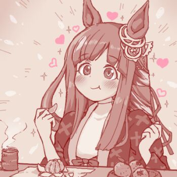 Rule 34 | 1girl, animal ears, blunt bangs, blush, casual, chrono genesis (umamusume), commentary request, cup, eating, food, fruit, hair between eyes, hair ornament, heart, horse ears, horse tail, long hair, lowres, mori yoichi, mug, orange (fruit), sepia, simple background, smile, solo, table, tail, umamusume