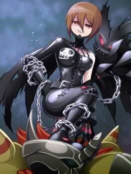 Rule 34 | 1boy, 1girl, alternate costume, belt, breasts, brown eyes, brown hair, chain, commentary request, cosplay, dark persona, digimon, digimon adventure, grin, horns, k0n0n, ladydevimon, ladydevimon (cosplay), leather, leather bodysuit, medium breasts, short hair, skin tight, skull print, smile, standing on person, very short hair, wargreymon, yagami hikari