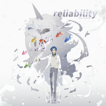 Rule 34 | 1boy, blue hair, body fur, coat, commentary, derivative work, digimon, digimon adventure -beyond-, digivice, english commentary, english text, evolutionary line, fish, glasses, gomamon, gradient background, green shirt, grey background, grey pants, grey sweater, highres, horns, ikkakumon, kido jo, lab coat, lanlllan, pants, seal (animal), shirt, short hair, simple background, single horn, sweater, white coat, white fur