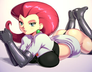 1girl apostle_(artist) ass black_panties blue_eyes boots breast_press breasts earrings elbow_gloves eyelashes female_focus gloves jessie_(pokemon) jewelry large_breasts long_hair lying miniskirt nintendo no_bangs on_stomach own_hands_clasped own_hands_together panties pantyshot pokemon pokemon_(anime) red_hair shirt simple_background skirt solo strapless taut_clothes taut_shirt team_rocket thigh_boots thighhighs thong tube_top underwear