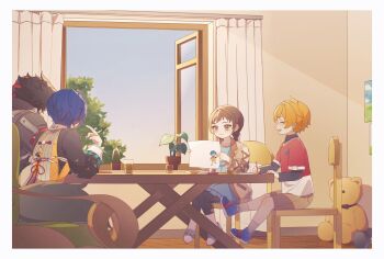 2boys 2girls absurdres aqua_nails beads belle_(delicate_sunlight)_(zenless_zone_zero) belle_(zenless_zone_zero) black_hair black_jacket black_shirt blue_hair blue_shoes blue_sky blush bracelet braid braided_ponytail brown_cardigan brown_eyes brown_hair brown_shorts cactus cardigan chair child chinese_clothes closed_eyes closed_mouth commentary_request cup curtains dog_boy drawing_(action) drawing_(object) dress dress_over_shirt drink drinking_glass highres holding holding_paper holding_pencil hydrangea_salty indoors jacket jewelry komano_manato long_hair multicolored_nails multiple_boys multiple_girls official_alternate_costume on_chair open_mouth open_window orange_dress orange_hair paper pencil plant pointing pointing_at_self potted_plant red_bandage red_nails red_shirt shirt shoes short_hair shorts sitting sky spiked_jacket stuffed_animal stuffed_toy t-shirt table teddy_bear tree window zenless_zone_zero