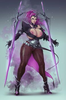 1girl absurdres ankle_boots artist_name black_desert_online blue_eyes boots breasts brown_pantyhose cameltoe devilhs full_body gauntlets grey_background high_heel_boots high_heels highres huge_breasts long_hair nipple_slip nipples original pantyhose pelvic_curtain pink_hair signature solo sword thick_lips weapon