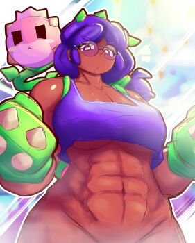 1girl abs absurdres angry boxing_gloves brawl_stars breasts dark-skinned_female dark_skin dierelc female_focus functionally_nude glasses half-closed_eyes highres large_breasts looking_at_viewer muscular muscular_female navel no_panties out-of-frame_censoring plant ponytail purple_hair rosa_(brawl_stars) thighs wide_hips