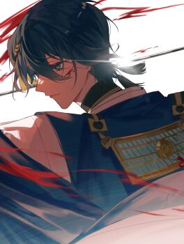 1boy absurdres armor black_hair blood blood_on_face blood_splatter blue_eyes blue_robe closed_mouth commentary expressionless from_behind glint hair_between_eyes hair_ornament highres japanese_armor japanese_clothes kariginu kimono looking_to_the_side male_focus mikazuki_munechika mohexi459 nodowa_(gorget) profile robe short_hair simple_background solo sword tassel tassel_hair_ornament touken_ranbu upper_body weapon white_background white_kimono wide_sleeves