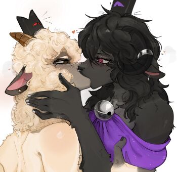 animal_ears bare_shoulders bell black_skin body_fur cape character_request colored_skin commentary cult_of_the_lamb english_commentary furry furry_female furry_with_furry highres horns kiss neck_bell red_crown_(cult_of_the_lamb) red_eyes sarulart sheep_ears sheep_horns the_lamb_(cult_of_the_lamb) yuri