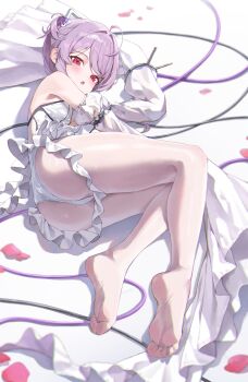 1girl ahoge ass bare_shoulders blurry blush breasts commentary dawon depth_of_field detached_sleeves frilled_leotard frills from_side full_body goddess_of_victory:_nikke gradient_background grey_background hair_ornament highres knees_together_feet_apart legs leotard liberalio_(nikke) long_sleeves looking_at_viewer looking_to_the_side lying medium_breasts mole mole_on_ass no_shoes on_side one_side_up pantyhose parted_lips petals purple_hair red_eyes see-through_clothes see-through_legwear shadow short_hair sleeves_past_fingers sleeves_past_wrists soles solo two-tone_background white_background white_leotard white_pantyhose wide_sleeves