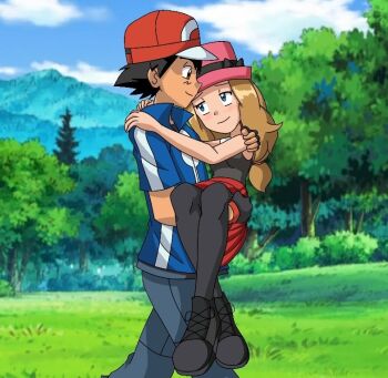 1boy 1girl ash_ketchum baseball_cap black_hair black_shirt black_shoes black_socks blonde_hair carrying carrying_person hat looking_at_another nintendo pokemon pokemon_(anime) pokemon_xy_(anime) princess_carry red_skirt serena_(pokemon) shirt shoes skirt smile socks willdinomaster55