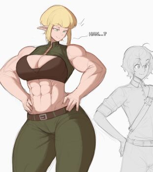 1girl abs biceps blonde_hair breasts cleavage commentary elf english_commentary green_eyes hands_on_own_hips height height_difference highres large_breasts muscular muscular_female navel obliques original pointy_ears short_male size_comparison size_difference tall_female thick_arms thick_thighs thighs zeph505
