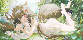 1girl :d absurdres alternate_costume animal_ear_fluff animal_ears arm_garter bare_shoulders between_fingers book bow_legwear breasts bridal_gauntlets brown_hair brown_tail chinese_commentary cleavage clothing_cutout clover commentary_request coria dappled_sunlight day dress elbow_rest fingernails floral_print floral_print_dress flower flower_knot four-leaf_clover full_body hair_intakes hairband halter_dress halterneck hand_in_own_hair head_tilt highres holding lace lace-trimmed_dress lace-trimmed_hairband lace-trimmed_socks lace_trim long_hair looking_at_viewer lying medium_breasts nail_polish nib_pen_(object) no_shoes notebook on_grass on_stomach open_book open_mouth outdoors pen picnic_basket plate print_dress red_eyes red_nails ribbon see-through_clothes see-through_dress short_dress smile socks soles solo sticky_note strap_slip sunlight tail tail_ornament tail_through_clothes the_pose very_long_hair white_bridal_gauntlets white_dress white_flower white_hairband white_ribbon white_socks ye_shunguang zenless_zone_zero