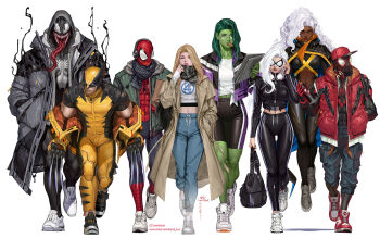 animal_print black_cat_(marvel) blonde_hair blue_eyes bodysuit breasts coat colored_skin earrings fantastic_four felicia_hardy glasses gloves green_hair green_skin hat highres in-hyuk_lee jewelry long_hair looking_at_viewer marvel marvel_rivals mask miles_morales muscular official_art peter_parker red_bodysuit scarf she-hulk silk simple_background smile spider-man spider-man_(miles_morales) spider-man_(series) spider_print spider_web storm_(x-men) sue_storm superhero_costume symbiote tongue tongue_out venom_(marvel) white_background white_hair wolverine_(x-men) x-men yoga