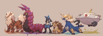 Rule 34 | arcanine, black eyes, bright pupils, claws, closed mouth, commentary request, from side, gen 1 pokemon, gen 4 pokemon, gen 5 pokemon, highres, himurohiromu, horns, lucario, magnet, magnezone, nintendo, pokemon, pokemon (creature), red eyes, red pupils, samurott, sandslash, scolipede, standing, white pupils, yellow eyes