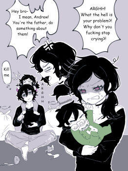 andrew_graves ashley_graves baby barefoot black_choker black_hair black_shirt brother_and_sister child choker crying green_eyes pink_eyes shirt short_hair siblings the_coffin_of_andy_and_leyley