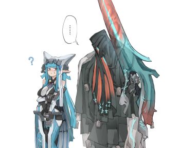 Rule 34 | 1girl, 1other, arknights, arknights: endfield, arm under breasts, bare shoulders, blue hair, blunt bangs, bodysuit, commentary request, demon girl, demon horns, hime cut, holding, holding sword, holding weapon, horns, huge weapon, last rite (arknights), long hair, long sidelocks, oadooo72196, pointy ears, sidelocks, simple background, sweat, sword, weapon, white background