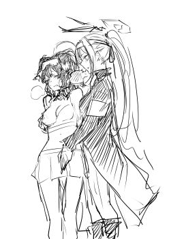 2girls absurdres animal_ears armband blue_archive coat dog_ears hibiki_(blue_archive) hibiki_(cheer_squad)_(blue_archive) highres long_hair mo_mi_sa_ki multiple_girls nipples ponytail simple_background sunglasses twitter utaha_(blue_archive) utaha_(cheer_squad)_(blue_archive) white_background