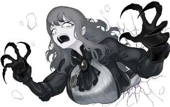 1girl ascot black_ascot blank_eyes breasts claws colored_skin commentary crack cracked_wall crying dress english_commentary every_catherine_(project_moon) eyelashes gem grey_gem grey_hair large_breasts limbus_company long_hair open_mouth project_moon sansan375223 simple_background streaming_tears tears through_wall wavy_hair white_background white_eyes white_skin