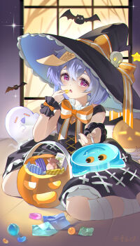 1girl absurdres alternate_costume animal bat_(animal) black_dress bow candy candy_wrapper dress food genshin_impact ghost halloween halloween_bucket harutatsunoki hat hat_ornament highres holding holding_candy holding_food holding_lollipop jack-o&#039;-lantern lollipop open_mouth orange_bow pink_eyes purple_hair qiqi_(genshin_impact) sitting skull_hat_ornament sleeveless sleeveless_dress talisman wariza window witch_hat wrist_cuffs