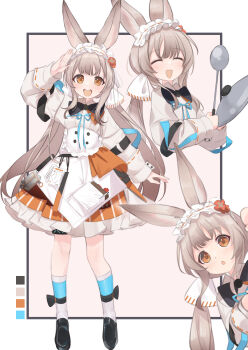 1girl :d absurdres animal_ears arknights black_bow black_shoes blunt_ends bow closed_eyes commentary dress grey_hair highres holding holding_ladle kneehighs ladle long_hair long_sleeves maid_headdress multiple_views open_mouth orange_eyes rabbit_ears rabbit_girl shoes smile socks teeth twintails upper_teeth_only very_long_hair warmy_(arknights) yakurope-moko