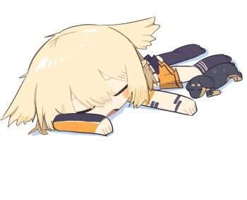 1girl animal asymmetrical_legwear black_socks black_thighhighs blonde_hair blush_stickers cevio chibi chibi_only closed_eyes commentary_request dog double-parted_bangs full_body hair_between_eyes highres kneehighs konohoshi long_sleeves miniskirt one_(cevio) open_mouth orange_skirt pleated_skirt shirt short_hair simple_background single_kneehigh single_sock single_thighhigh skirt socks solo striped_clothes striped_socks thighhighs uneven_legwear white_background