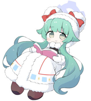 1girl blue_archive blush_stickers book boots bow brown_boots brown_eyes chibi closed_mouth coat full_body fur-trimmed_coat fur-trimmed_hood fur-trimmed_sleeves fur_trim green_hair halo holding holding_book hood hood_up hooded_coat long_hair miranofuudoria mittens momiji_(blue_archive) open_book red_bow simple_background smile solo very_long_hair white_background white_coat white_mittens