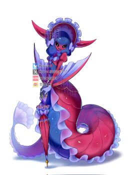 Rule 34 | black sclera, blue hair, blue scales, bluesky logo, bluesky username, colored sclera, digimon, digimon (creature), frilled hat, frills, gloves, hat, highres, horns, lamia, lamiamon, looking at viewer, monster girl, parasol, pink scales, scales, smile, tail, twitter logo, twitter username, umbrella, watermark, weibo username, weibo watermark, wide hips, winged arms, wings, xiaohongshu id, xiaohongshu logo, xiaohongshu watermark, yellow eyes, youzaiyouzai112