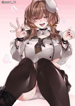 1girl absurdres areola_slip belly beret black_choker black_nails black_neckerchief black_thighhighs blush bow bready_(nikke) breasts bright_pupils brown_eyes brown_hair brown_sailor_collar candy choker crop_top cropped_shirt double-parted_bangs feet_out_of_frame fingernails food goddess_of_victory:_nikke gradient_background haagyu hair_between_eyes hair_bow hair_intakes hat heart heart-shaped_pupils highres holding holding_candy holding_food large_breasts legs_together lollipop long_hair long_sleeves looking_at_viewer low_twintails miniskirt nail_polish neckerchief no_bra ok_sign panties pantyshot pink_background pleated_skirt plump puffy_long_sleeves puffy_sleeves sailor_collar saliva saliva_trail shirt sitting skirt solo symbol-shaped_pupils teeth thick_thighs thighhighs thighs tongue twintails underboob underwear watermark white_background white_hat white_panties white_shirt wristband yellow_bow