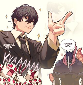 2boys 6+others black_eyes black_hair black_jacket black_necktie business_suit chainsaw_devil chainsaw_man closed_mouth collared_shirt ear_piercing formal_clothes highres jacket multiple_boys multiple_others necktie piercing shirt short_hair smile suit tentacles white_shirt yoshida_hirofumi yuqi_non