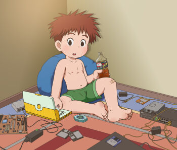 1boy aki5 bandaid bandaid_on_knee bandaid_on_leg belly black_eyes bottle brown_hair computer computer_chip digimon digimon_adventure:_(2020) floppy_disk green_shorts izumi_koshiro laptop male_focus nipples pillow shorts shota soda soda_bottle solo topless_male wire