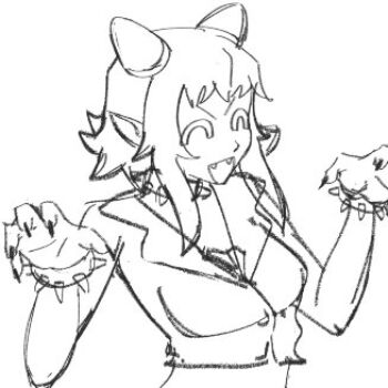 Rule 34 | 1girl, ^ ^, bracelet, breasts, closed eyes, collar, crop top, fangs, greyscale, gumi, hatsuno, horns, jacket, jewelry, medium breasts, medium hair, monochrome, open mouth, pointy ears, sketch, solo, spiked bracelet, spiked collar, spikes, unfinished, upper body, vocaloid, white background