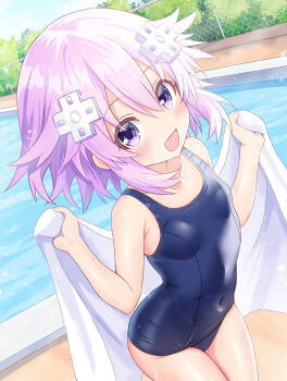 1girl :d armpit_crease bare_arms bare_shoulders blue_one-piece_swimsuit blush breasts commentary_request covered_navel d-pad d-pad_hair_ornament eima hair_between_eyes hair_flaps hair_ornament highres holding holding_towel looking_at_viewer neptune_(neptunia) neptune_(series) one-piece_swimsuit open_mouth poolside purple_eyes purple_hair school_swimsuit short_hair sidelocks small_breasts smile solo sweat swimsuit towel wet