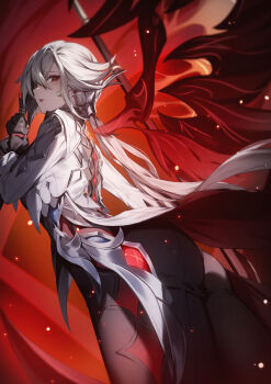 1girl arlecchino_(genshin_impact) black_hands closed_mouth colored_extremities commentary_request genshin_impact genyaky grey_hair hair_between_eyes highres long_hair long_sleeves looking_at_viewer looking_back red_background red_wings solo symbol-shaped_pupils wings x-shaped_pupils