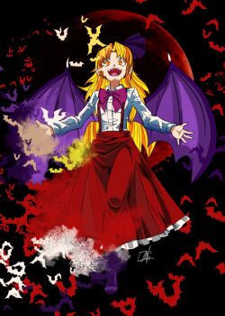 Rule 34 | 1girl, bat (animal), bat wings, blonde hair, bow, elis (touhou), fangs, hair bow, highly responsive to prayers, long hair, long sleeves, moon, oni1994, open mouth, pointy ears, red bow, red eyes, red moon, shirt, skirt, smile, solo, touhou, touhou (pc-98), vampire, vest, wings