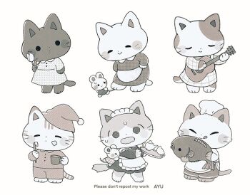 3others 4girls :q @_@ animal apron artist_name ayu_(mog) blush_stickers cat chef_hat chibi chibi_only chibikemo closed_eyes closed_mouth commentary commentary_request cup dress english_commentary fish flower furry furry_female guitar hat holding holding_animal holding_fish holding_flower holding_guitar holding_instrument instrument long_sleeves maid maid_headdress mixed-language_commentary mouse_(animal) multiple_girls multiple_others nightcap original pajamas romaji_commentary simple_background smile solid_circle_eyes sweat sweatdrop teacup tongue tongue_out toothbrush tray tulip watermark whiskers white_background