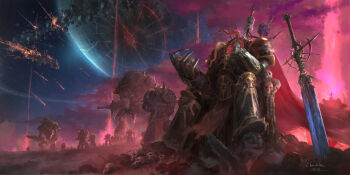 abbadon_the_despoiler absurdres adeptus_astartes armor armored_boots black_armor black_legion_(warhammer_40k) bolter bone boots breastplate burning chainsword chaos_(warhammer) chaos_space_marine chenchihuei clawed_gauntlets collegia_titanica commentary destruction english_commentary eyes_of_horus_(warhammer_40k) fake_horns fantasy fire full_armor gauntlets glowing glowing_eye glowing_eyes gold_trim greaves heavy_bolter helmet high_ponytail highres holding holding_skull horned_helmet horns long_hair pauldrons planet polearm ponytail power_armor power_sword red_eyes red_hair shoulder_armor skull skull_ornament solo_focus space spacecraft spiked_armor spikes sword warhammer_40k weapon