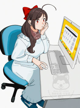 1girl ahoge apron bow breasts brown_hair brown_shirt chair collared_shirt computer computer_keyboard desk hair_ribbon highres kantai_collection kappougi long_hair long_sleeves looking_at_viewer mamiya_(kancolle) monitor ojipon red_bow red_eyes ribbon shirt simple_background sitting solo watermark white_background