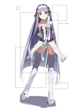 1girl black_bow bone_print bow braid breasts collar commentary_request detached_sleeves dress fate/strange_fake fate_(series) francesca_prelati_(fate) frilled_collar frills full_body garter_straps grey_hair hair_bow highres long_hair looking_at_viewer medium_breasts raisin52969411 ringed_eyes smile solo standing striped_clothes striped_dress vertical-striped_clothes vertical-striped_dress very_long_hair white_background white_dress