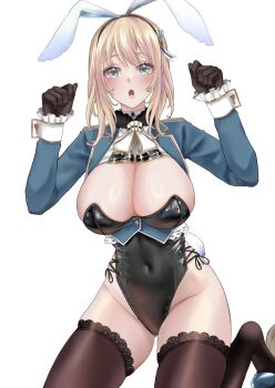 1girl adapted_costume alternate_costume alternate_hair_length alternate_hairstyle alternate_legwear animal_ears ascot asyuri atago_(kancolle) black_gloves black_leotard black_thighhighs blonde_hair blue_jacket blue_shoes blush breasts commentary_request covered_navel cropped_jacket detached_collar fake_animal_ears fake_tail gloves green_eyes grey_background highleg highres jacket kantai_collection kneeling large_breasts leotard looking_at_viewer open_mouth rabbit_ears rabbit_tail shoes short_hair simple_background solo tail thighhighs
