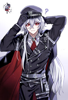 1boy ? a_date_with_death absurdres adjusting_clothes adjusting_headwear belt black_gloves black_jacket black_pants cape casper_(a_date_with_death) closed_mouth gloves grey_belt hair_between_eyes hat highres jacket long_hair long_sleeves looking_at_viewer male_focus military_uniform pants peaked_cap red_eyes sanfangzhu58831 shirt solo white_background white_shirt