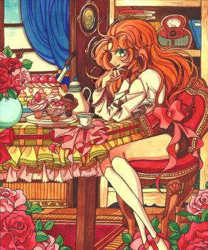 1boy \m/ ahoge antique_radio aqua_eyes ascot bad_id bad_pixiv_id black_shorts blush book book_stack bookshelf bow chair commentary crossed_ankles crossed_arms cup cupcake curtains elbow_rest elbows_on_table eyelashes flower food frilled_sleeves frills from_side fruit full_body hand_on_own_chin hand_up high-waist_shorts high_heels icing indoors kitchen_knife knee_blush kneehighs knife leaf light_smile long_hair long_sleeves looking_at_viewer male_focus maraich_juschenfe marker_(medium) meremero on_chair orange_hair patalliro! picture_frame plate profile rainbow_cake red_bow red_flower red_rose red_shoes rose rug saucer shirt shirt_tucked_in shoes short_shorts shorts sitting socks solo strappy_heels strawberry table tablecloth teacup teapot tile_floor tiles traditional_media trap vase waist_bow wavy_hair white_ascot white_shirt white_socks window wooden_chair wooden_table wooden_wall