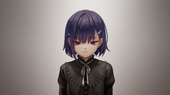 Rule 34 | 1girl, as109, closed mouth, female focus, flat chest, hair ornament, hairclip, highres, looking at viewer, looking down, mole, mole on cheek, original, pink eyes, purple hair, ribbon, short hair, simple background, solo, upper body