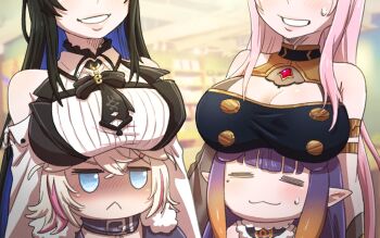 4girls black_hair blonde_hair blue_eyes blue_hair blunt_bangs blush breast_rest breasts breasts_on_table choker cleavage collar colored_inner_hair frilled_choker frills gradient_hair hair_ornament highres hololive hololive_english long_hair mococo_abyssgard mococo_abyssgard_(1st_costume) mole mole_under_eye mori_calliope mori_calliope_(1st_costume) multicolored_hair multiple_girls nerissa_ravencroft nerissa_ravencroft_(1st_costume) ninomae_ina&#039;nis ninomae_ina&#039;nis_(1st_costume) orange_hair pink_hair pointy_ears purple_hair smile spriggantweet streaked_hair sweat tentacle_hair very_long_hair virtual_youtuber