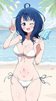 1girl ;d absurdres ahoge bare_shoulders beach bikini blue_eyes blue_hair blue_sky blush breasts cleavage commentary cowboy_shot eggman_(ni_tamagoex) food halterneck highres holding holding_food holding_popsicle large_breasts make_heroine_ga_oo_sugiru! medium_hair navel ocean one_eye_closed open_mouth outdoors popsicle sand side-tie_bikini_bottom sky smile solo starfish stomach string_bikini swimsuit teeth thighs upper_teeth_only v variant_set white_bikini yanami_anna