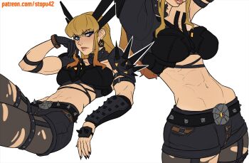 1girl abs arm_armor armor arms_up belt black_belt black_choker black_eyeliner black_gloves black_nails black_shirt black_shorts blonde_hair blue_eyes bracelet breasts choker collarbone cowboy_shot earrings eyeliner freckles gloves hair_ornament hand_on_own_cheek hand_on_own_face hand_up head_wings highres invisible_chair jewelry lips long_hair looking_at_viewer magik_(x-men) makeup marvel marvel_rivals medium_breasts midriff navel nose outline pantyhose parted_lips patreon_username shirt shorts shoulder_armor shoulder_belt sidelocks simple_background sitting spiked_armor spikes standing stopu thigh_strap toned toned_female torn_clothes torn_pantyhose white_background white_outline wings wrist_belt x-men