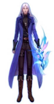 Rule 34 | 1boy, alpha transparency, arms at sides, belt, belt buckle, black belt, black gloves, black pants, black shirt, blue coat, blue fire, blue outline, blue sleeves, boots, brown belt, buckle, ciela23619, closed mouth, coat, curtained hair, dress pants, fire, flaming sword, flaming weapon, full body, gloves, grey eyes, holding, holding sword, holding weapon, jewelry, knee boots, lapels, leg belt, legs apart, long face, long hair, long nose, looking at viewer, male focus, multiple belts, necklace, nexon, notched lapels, o-ring, o-ring belt, open clothes, open coat, outline, pants, second-party source, shirt, simple background, solo, standing, straight-on, straight hair, sword, sword necklace, tales weaver, transparent background, turtleneck, turtleneck shirt, weapon, white hair, yevgnen jineman