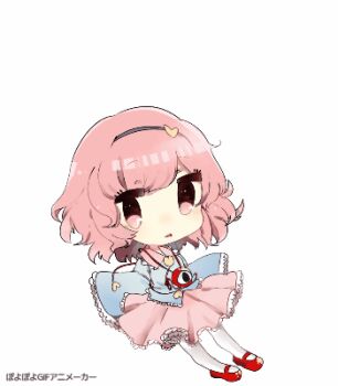 1girl animated animated_gif black_hairband blue_shirt buttons chibi collar collared_shirt commentary_request eyelashes frilled_shirt_collar frilled_skirt frilled_sleeves frills frown hair_ornament hairband heart heart_button heart_hair_ornament heart_of_string jumping komeiji_satori long_sleeves looking_at_viewer looping_animation lowres mary_janes miniskirt pantyhose parted_lips pink_collar pink_eyes pink_hair pink_skirt poyopoyo_gif_animeekaa red_footwear shirt shoes short_hair skirt sleeves_past_fingers sleeves_past_wrists suzune_hapinesu third_eye touhou white_background white_pantyhose wide_sleeves