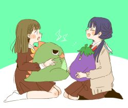 Rule 34 | 2girls, :o, ankle socks, black socks, blue hair, blue ribbon, blunt bangs, blush, braid, brown cardigan, brown dress, brown hair, cardigan, center-flap bangs, closed eyes, commentary request, dark blue hair, dinosaur, dress, eggplant, green background, hair ribbon, hasu no sora school uniform, holding, holding stuffed toy, kachimachi kosuzu, kase (ks lys), lightning bolt symbol, link! like! love live!, long hair, long sleeves, looking at another, love live!, low twintails, medium dress, mole, mole on neck, multiple girls, murano sayaka, neckerchief, no shoes, notice lines, open cardigan, open clothes, open mouth, pink eyes, pleated dress, profile, red neckerchief, ribbon, sailor collar, sailor dress, school uniform, seiza, side braids, sideways mouth, simple background, sitting, smile, socks, straight hair, stuffed dinosaur, stuffed eggplant, stuffed toy, twintails, two-tone background, v-shaped eyebrows, virtual youtuber, white background, white sailor collar, white socks, winter uniform, yellow neckerchief