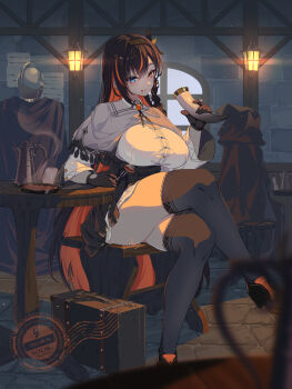 1girl 2others :t absurdres arm_rest artist_name black_gloves black_hair black_thighhighs block_heels blue_eyes blurry blush boots breasts brick_floor brick_wall briefcase cape capelet carving_fork chair cleavage collared_shirt colored_inner_hair commentary crossed_legs cup depth_of_field eating food food_in_mouth fork full_body gem gloves grey_capelet hair_between_eyes hand_up helmet heterochromia high_heel_boots high_heels highres holding holding_fork hood hooded_cape indoors knight lantern large_breasts legs light_particles looking_at_viewer multicolored_hair multiple_others nolmo on_chair orange_gemstone orange_hair orange_streaks original paper pitcher_(container) plate poster_(object) round_table sausage shirt sitting skirt steaming_food streaked_hair table tavern thighhighs thighs watermark white_shirt white_skirt window wooden_chair wooden_table yellow_eyes