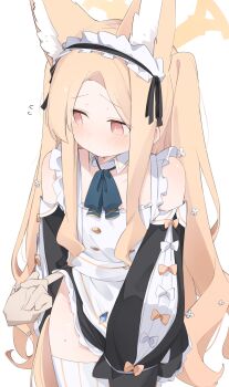 1girl :/ absurdres alternate_costume animal_ear_fluff animal_ears apron bare_shoulders black_dress blonde_hair blue_archive blue_bow blue_bowtie blush bow bowtie bright_pupils closed_mouth clothes_lift collarbone covering_crotch covering_privates cowboy_shot cross_halo detached_collar detached_sleeves disembodied_hand dot_nose dress embarrassed enmaided extra_ears flat_chest flower flying_sweatdrops forehead fox_ears fox_girl fox_tail frilled_apron frills hair_flower hair_ornament halo highres long_hair long_sidelocks long_sleeves maid maid_apron maid_headdress pantyhose parted_bangs pink_eyes puffy_long_sleeves puffy_sleeves raised_inner_eyebrows seia_(blue_archive) sidelocks sideways_glance simple_background solo standing striped_clothes striped_pantyhose sweatdrop tail thighhighs thighs tntl_nemui unconventional_maid vertical-striped_clothes vertical-striped_pantyhose very_long_hair white_apron white_background white_headdress white_pupils white_thighhighs yellow_halo